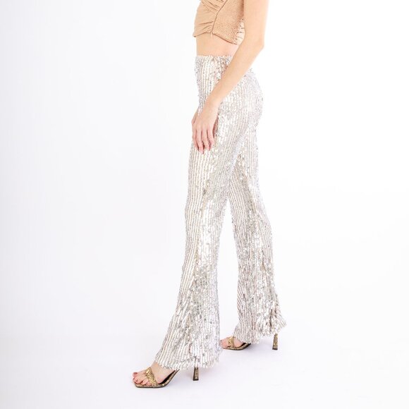 Club L London Dropping Hints | Champagne Sequin Wide Leg Trousers Size 4 / Small - Picture 5 of 10